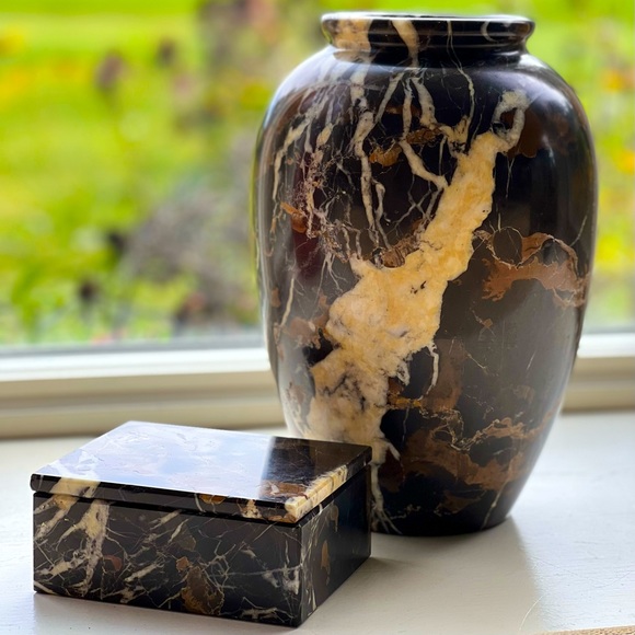 Vintage RARE English Blue John Granite Stone Vase & Box Set - Picture 1 of 16